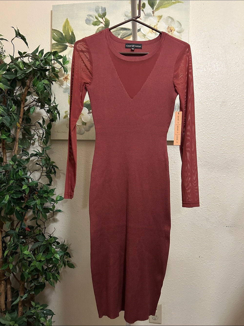 Almost Famous Rosewood Long Sleeve Mesh-Panel Ribbed Midi Dress